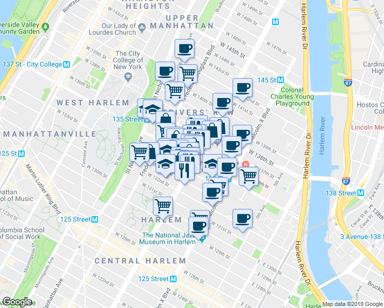 map of restaurants, bars, coffee shops, grocery stores, and more near 188 West 135th Street in New York