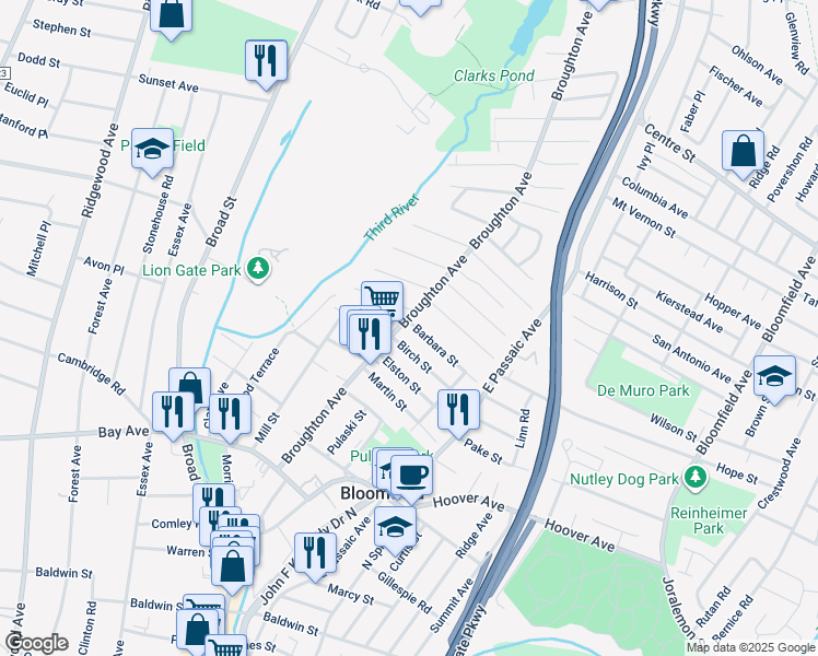 map of restaurants, bars, coffee shops, grocery stores, and more near 80 Birch Street in Bloomfield