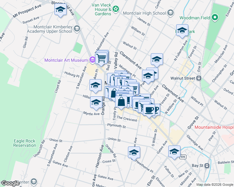 map of restaurants, bars, coffee shops, grocery stores, and more near 76 Church Street in Montclair