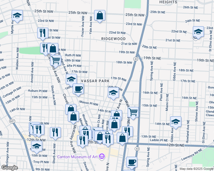 map of restaurants, bars, coffee shops, grocery stores, and more near 1539 Logan Avenue Northwest in Canton