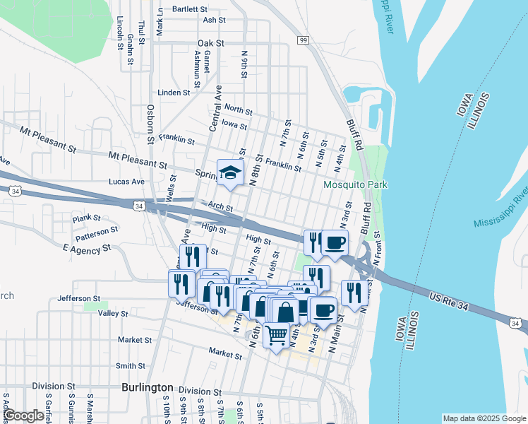 map of restaurants, bars, coffee shops, grocery stores, and more near West U.S. Highway 34 in Burlington