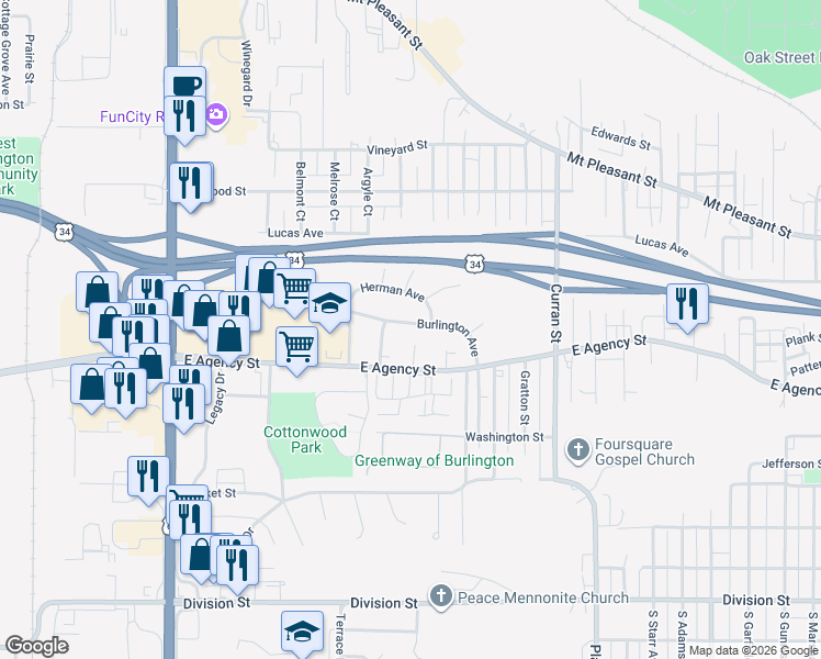 map of restaurants, bars, coffee shops, grocery stores, and more near 505 Virdell Court in Burlington