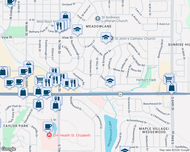 map of restaurants, bars, coffee shops, grocery stores, and more near 300 Glenhaven Drive in Lincoln