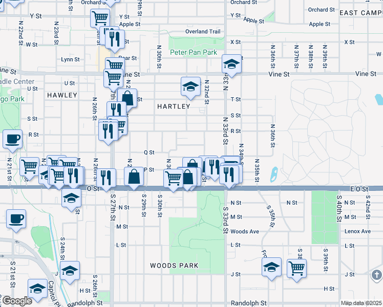 map of restaurants, bars, coffee shops, grocery stores, and more near 235 North 32nd Street in Lincoln