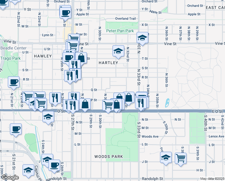 map of restaurants, bars, coffee shops, grocery stores, and more near 217 North 31st Street in Lincoln