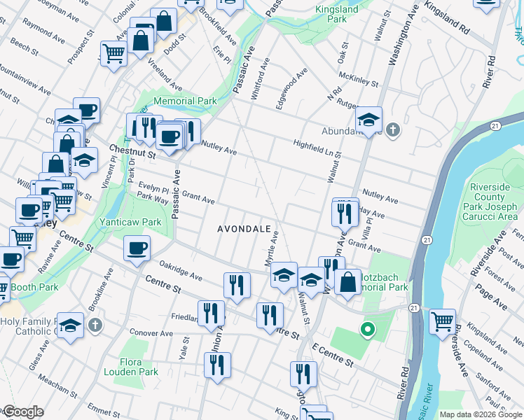 map of restaurants, bars, coffee shops, grocery stores, and more near 57 Weston Street in Nutley