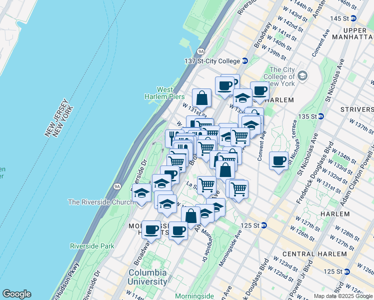 map of restaurants, bars, coffee shops, grocery stores, and more near 41 Tiemann Place in New York