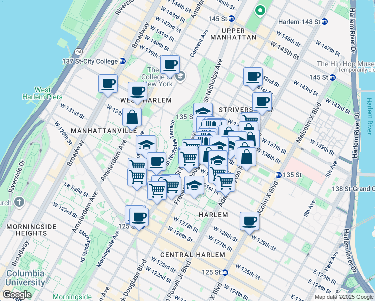 map of restaurants, bars, coffee shops, grocery stores, and more near 466 Saint Nicholas Avenue in New York