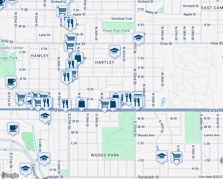 map of restaurants, bars, coffee shops, grocery stores, and more near 3050 Q Street in Lincoln