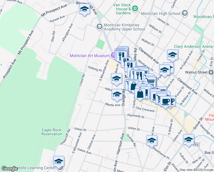 map of restaurants, bars, coffee shops, grocery stores, and more near 38 Hillside Avenue in Montclair