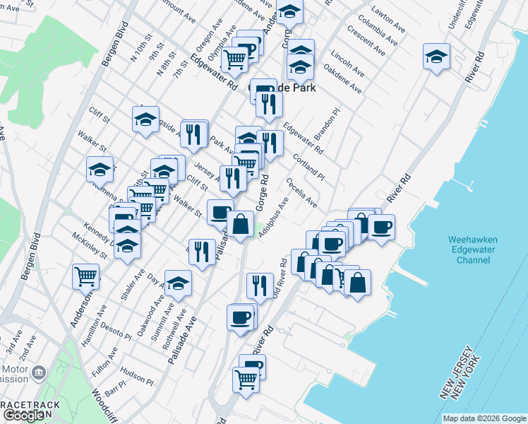 map of restaurants, bars, coffee shops, grocery stores, and more near 321 Adolphus Avenue in Cliffside Park