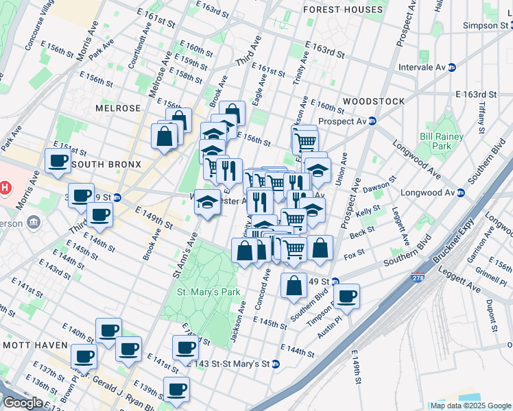 map of restaurants, bars, coffee shops, grocery stores, and more near 642 Westchester Avenue in The Bronx