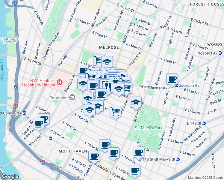 map of restaurants, bars, coffee shops, grocery stores, and more near 408 East 149th Street in The Bronx