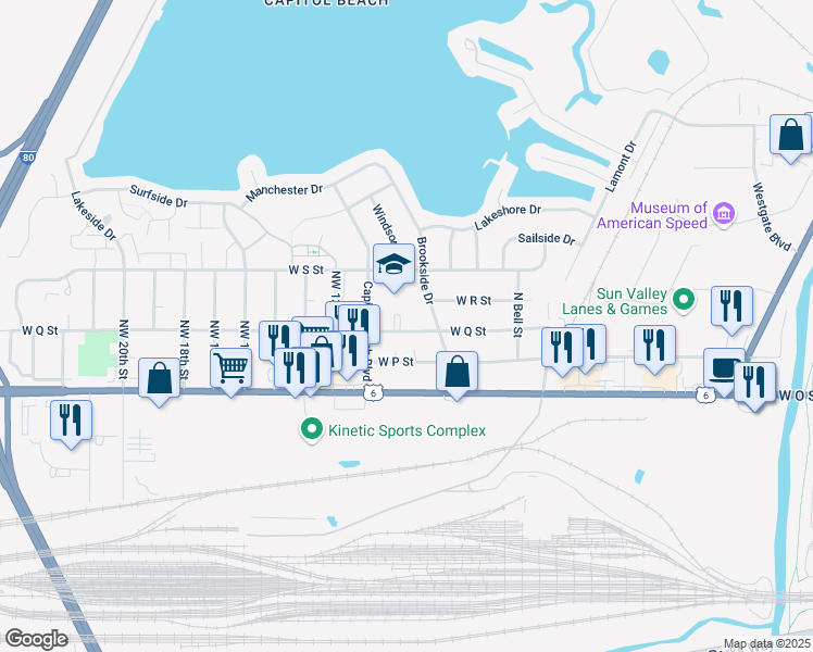 map of restaurants, bars, coffee shops, grocery stores, and more near 1040 West Q Street in Lincoln