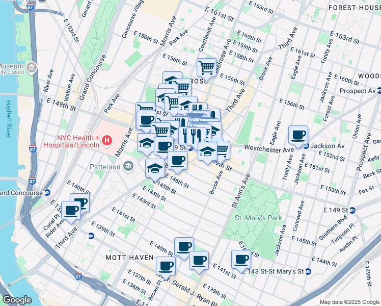 map of restaurants, bars, coffee shops, grocery stores, and more near 408 East 149th Street in The Bronx