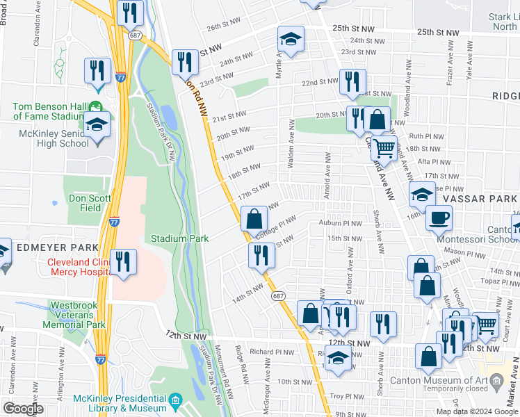 map of restaurants, bars, coffee shops, grocery stores, and more near 1423 16th Street Northwest in Canton