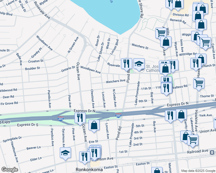 map of restaurants, bars, coffee shops, grocery stores, and more near 2825 Locust Avenue in Ronkonkoma