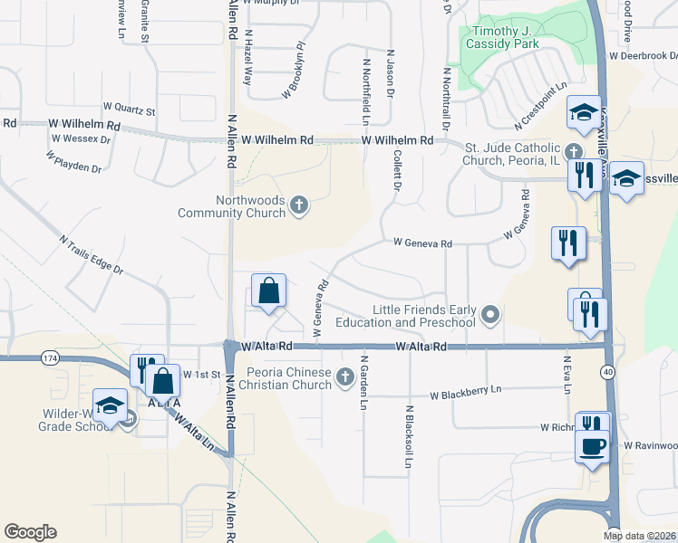 map of restaurants, bars, coffee shops, grocery stores, and more near 2109 West Geneva Road in Peoria