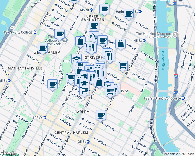 map of restaurants, bars, coffee shops, grocery stores, and more near 2304 7th Avenue in New York