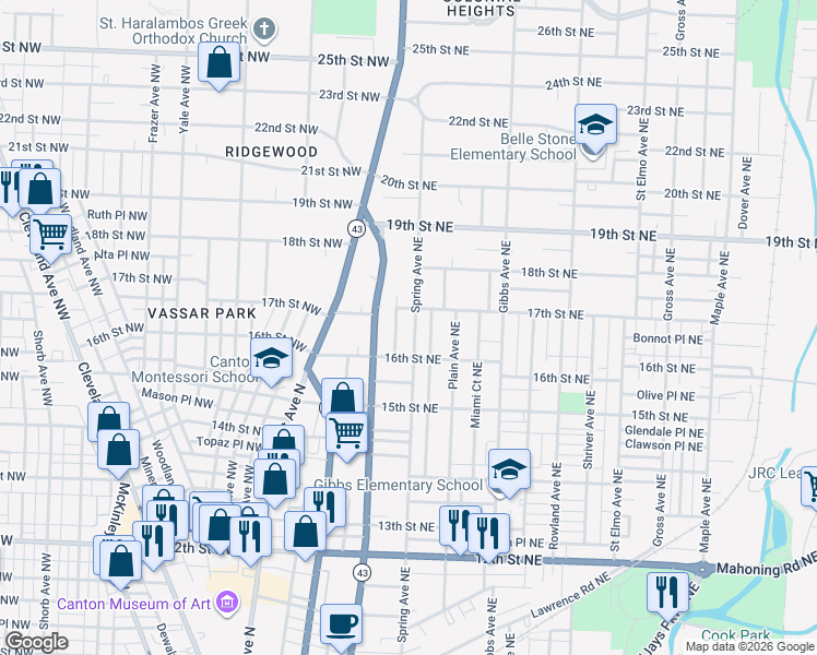 map of restaurants, bars, coffee shops, grocery stores, and more near 1711 Spring Avenue Northeast in Canton