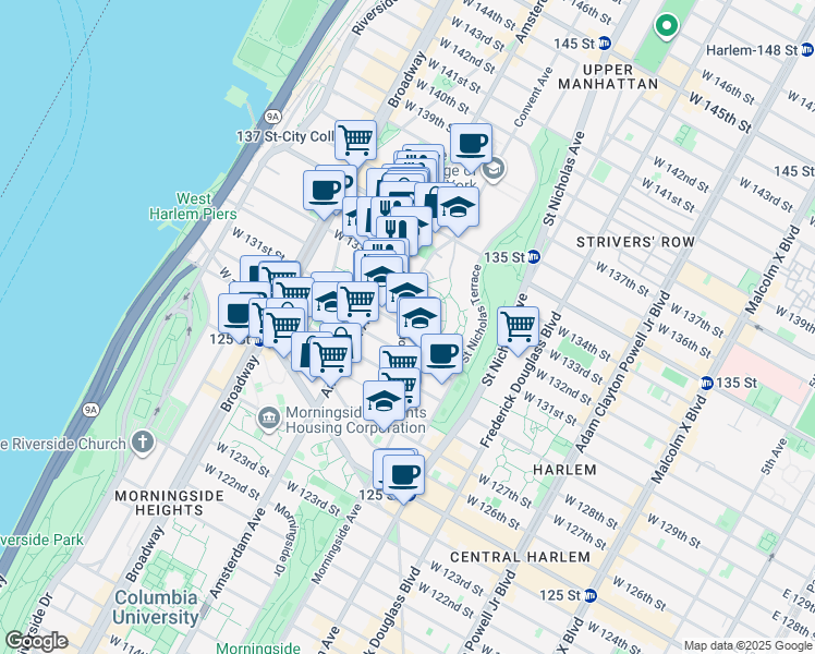 map of restaurants, bars, coffee shops, grocery stores, and more near 71 Convent Avenue in New York