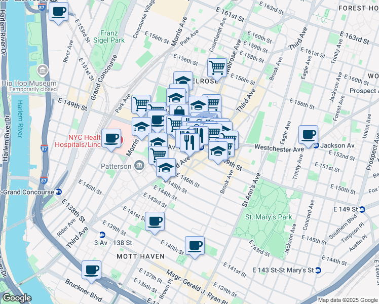 map of restaurants, bars, coffee shops, grocery stores, and more near 530 Willis Avenue in The Bronx