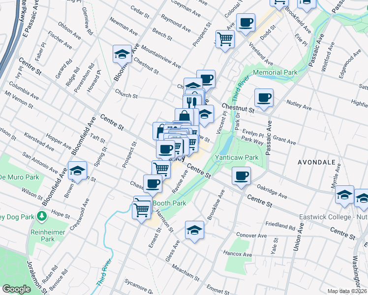 map of restaurants, bars, coffee shops, grocery stores, and more near 255 Franklin Avenue in Nutley