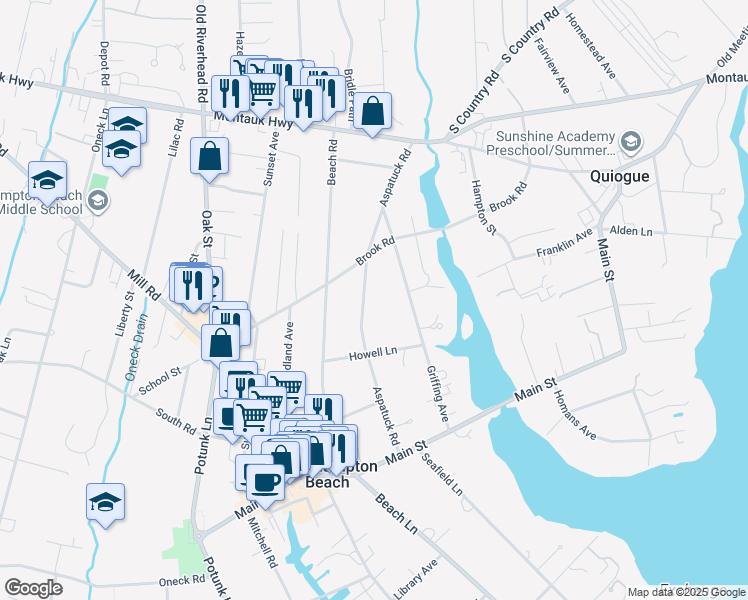 map of restaurants, bars, coffee shops, grocery stores, and more near 64 Aspatuck Road in Westhampton Beach