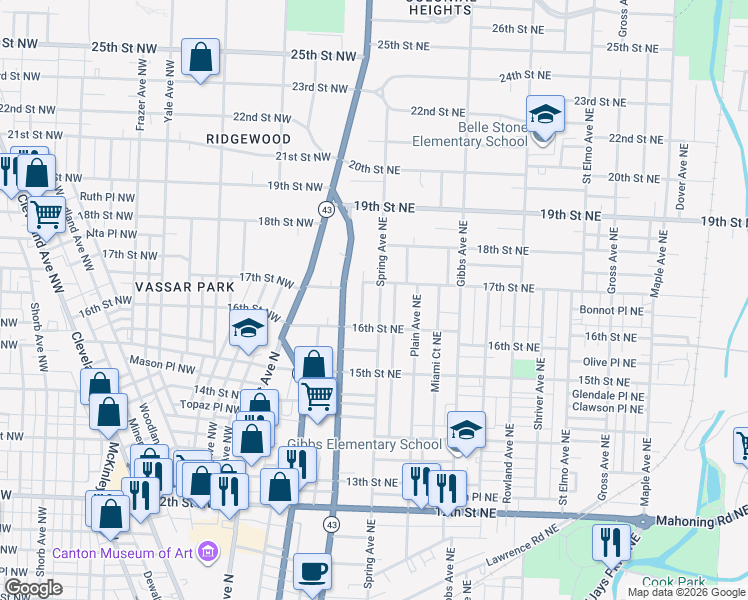 map of restaurants, bars, coffee shops, grocery stores, and more near 1711 Spring Avenue Northeast in Canton