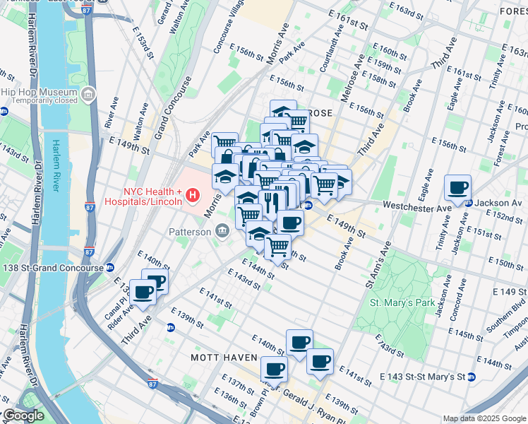 map of restaurants, bars, coffee shops, grocery stores, and more near 344 East 149th Street in The Bronx