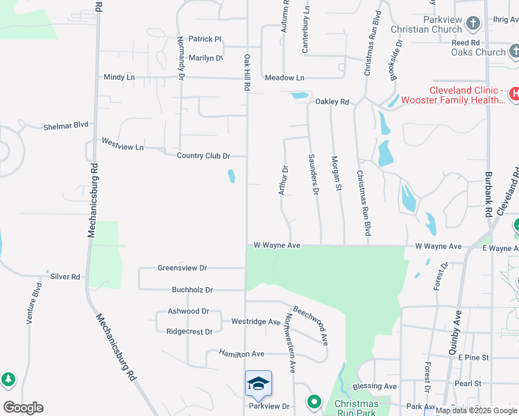 map of restaurants, bars, coffee shops, grocery stores, and more near 1543 Oak Hill Road in Wooster