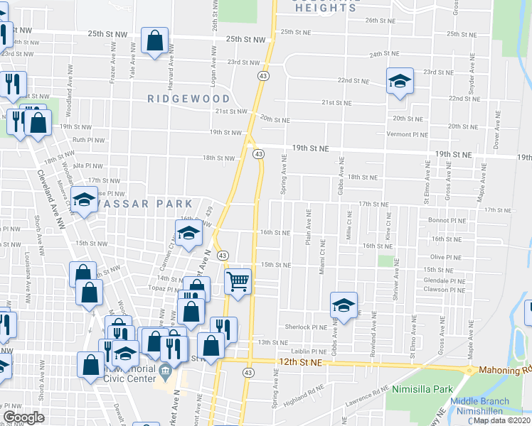 map of restaurants, bars, coffee shops, grocery stores, and more near 1631 Esther Avenue Northeast in Canton