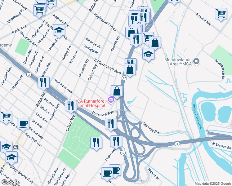 map of restaurants, bars, coffee shops, grocery stores, and more near 280 New Jersey 17 in Wood-Ridge