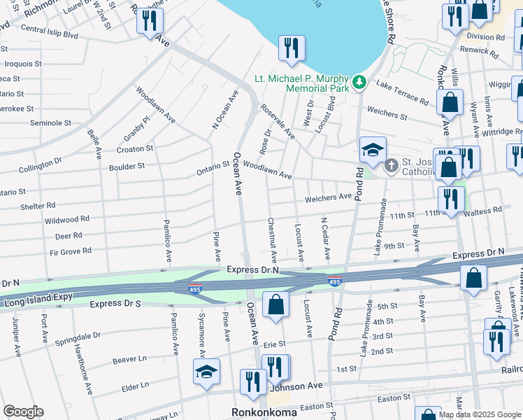 map of restaurants, bars, coffee shops, grocery stores, and more near 2825 Ocean Avenue in Ronkonkoma