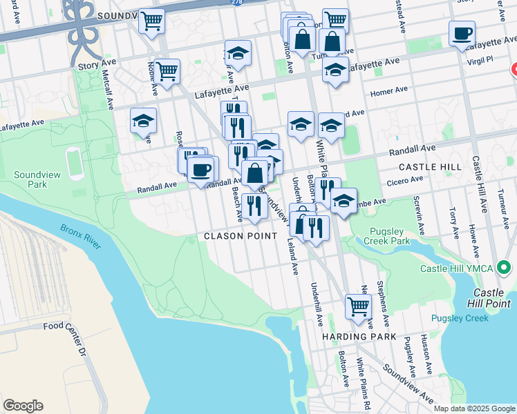 map of restaurants, bars, coffee shops, grocery stores, and more near 561 Soundview Avenue in Bronx