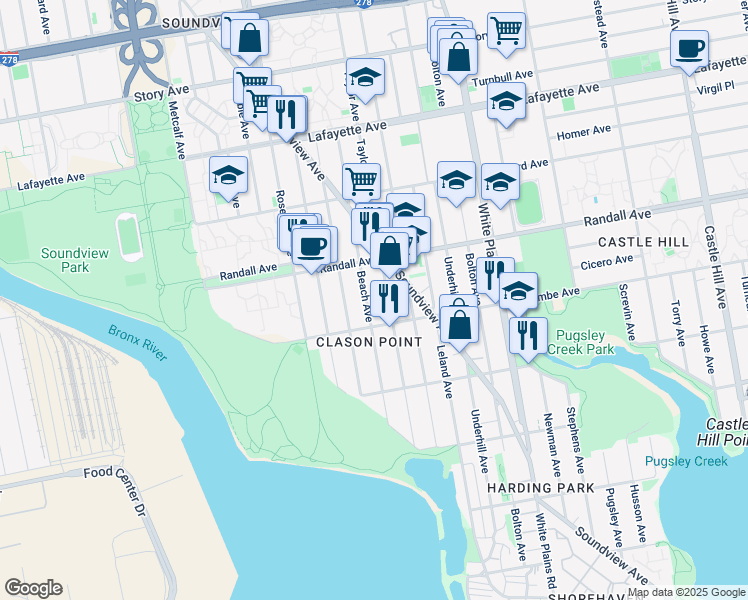 map of restaurants, bars, coffee shops, grocery stores, and more near 549 Beach Avenue in Bronx