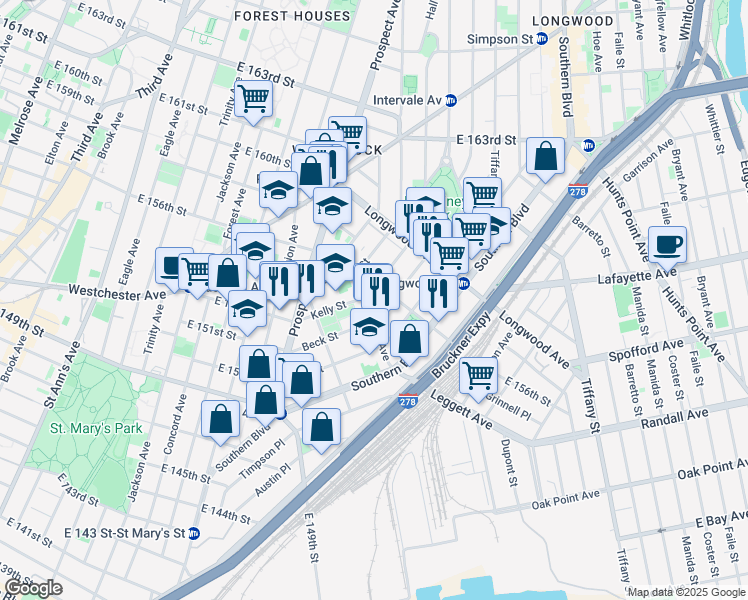 map of restaurants, bars, coffee shops, grocery stores, and more near in Bronx