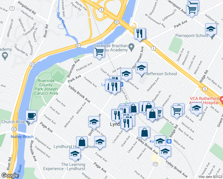 map of restaurants, bars, coffee shops, grocery stores, and more near 262 Court Avenue in Lyndhurst
