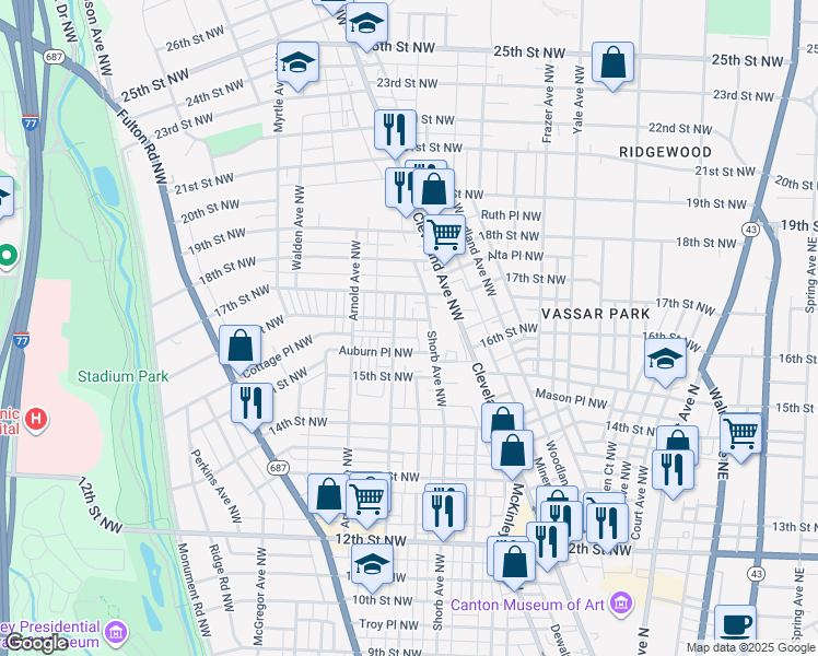 map of restaurants, bars, coffee shops, grocery stores, and more near 1615 Shorb Avenue Northwest in Canton