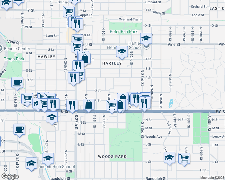 map of restaurants, bars, coffee shops, grocery stores, and more near 3116 Kleckner Court in Lincoln