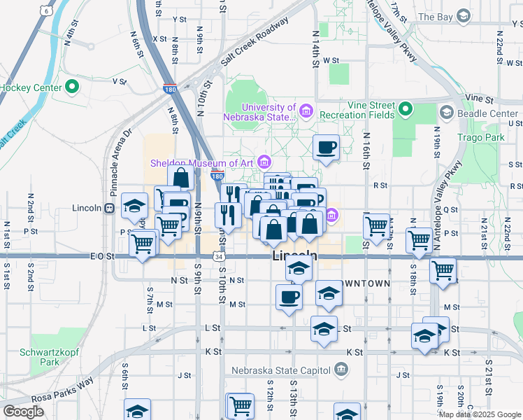 map of restaurants, bars, coffee shops, grocery stores, and more near 1113 R Street in Lincoln