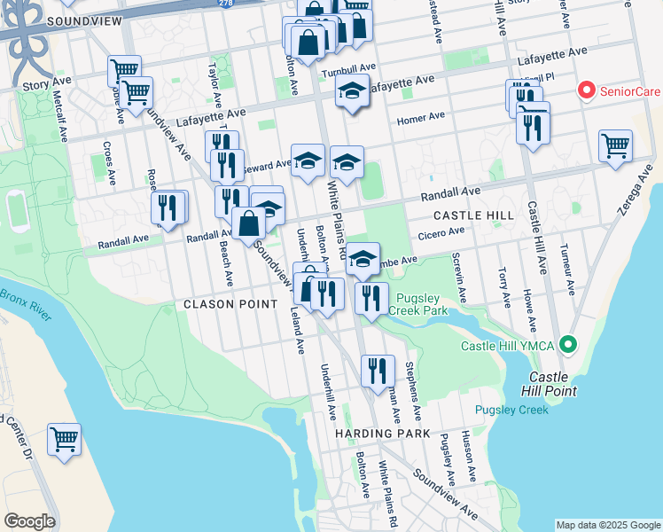 map of restaurants, bars, coffee shops, grocery stores, and more near 531 White Plains Road in Bronx