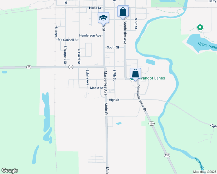 map of restaurants, bars, coffee shops, grocery stores, and more near 802 Marseilles Avenue in Upper Sandusky