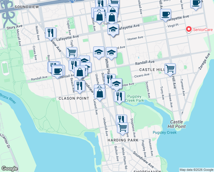 map of restaurants, bars, coffee shops, grocery stores, and more near 531 White Plains Road in Bronx