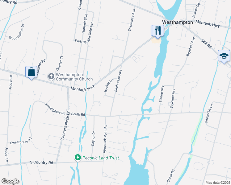 map of restaurants, bars, coffee shops, grocery stores, and more near 15 Seabreeze Avenue in Westhampton