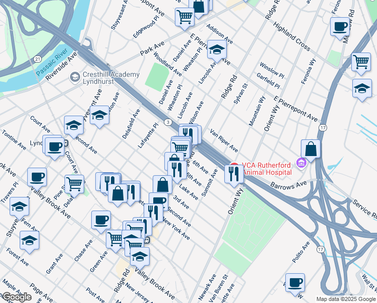 map of restaurants, bars, coffee shops, grocery stores, and more near 548 Rutherford Avenue in Lyndhurst