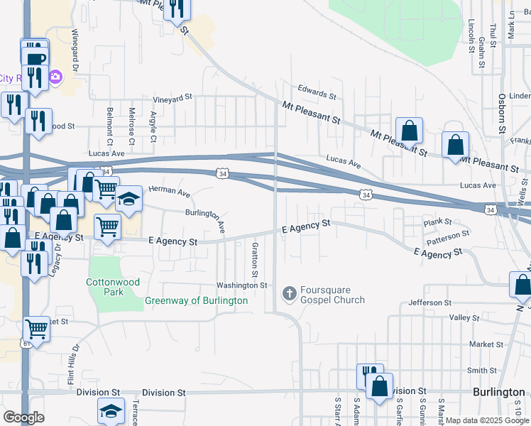 map of restaurants, bars, coffee shops, grocery stores, and more near 1910 East Agency Street in Burlington