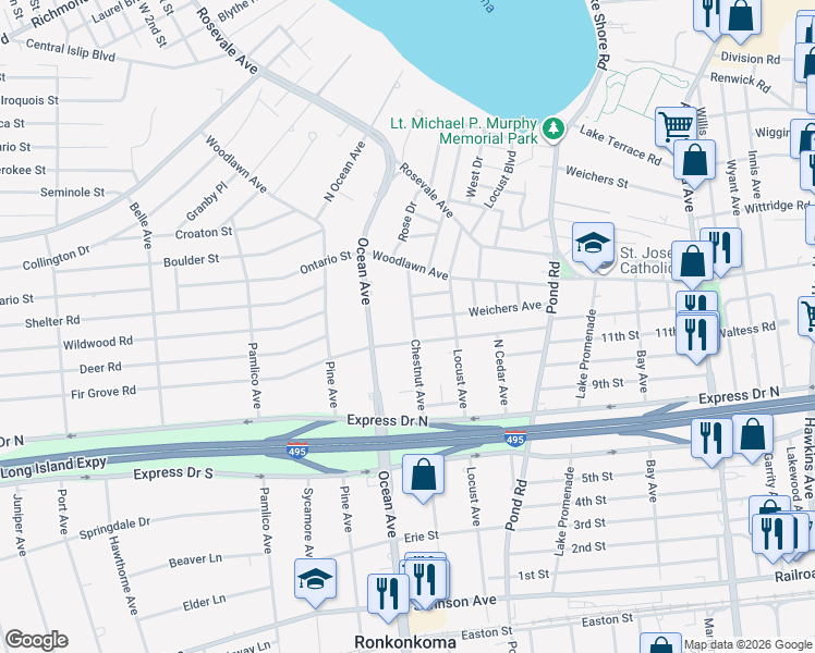 map of restaurants, bars, coffee shops, grocery stores, and more near in Lake Ronkonkoma