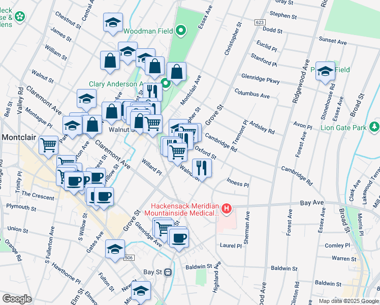 map of restaurants, bars, coffee shops, grocery stores, and more near 135 Grove Street in Montclair