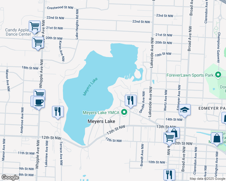 map of restaurants, bars, coffee shops, grocery stores, and more near 1716 North Park Avenue Northwest in Canton